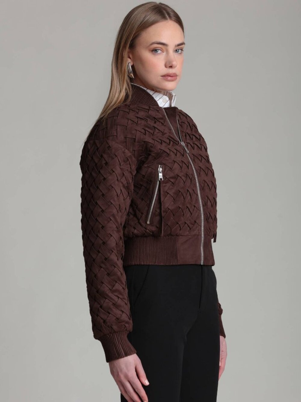 Avec Les Filles Faux Suede Woven Bomber Jacket Size XS M L - Picture 5 of 11